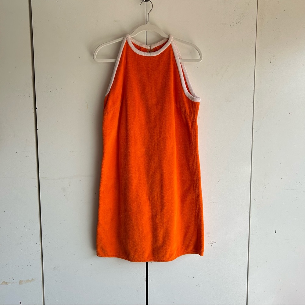 Vintage Terrycloth sleeveless mini dress bright orange white trim 1960’s mod